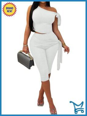 Off Shoulder Crop Top Capri Pants 2 Piece Outfit Bodycon Tracksuit Set